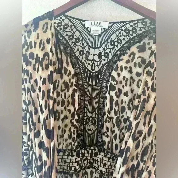 L.I.F.E. Leopard print Sheer Kimono coverup Women's L Retro Cottagecore Beach - Picture 5 of 9